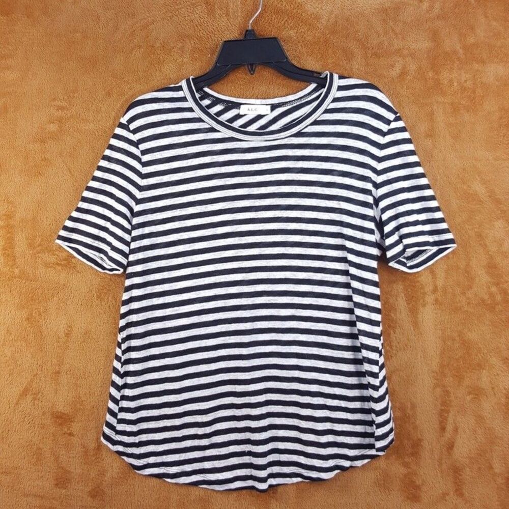 A.L.C. Top Womens Large Black Stripe Pullover Crew Criss Cross Back 100% Linen